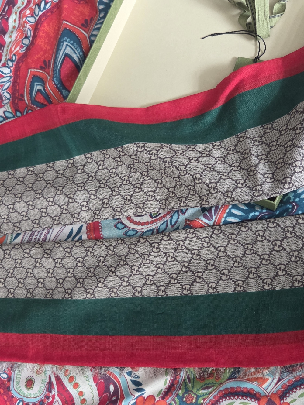 Gucci Beige Monogram Silk Scarf with Green and Red Borders